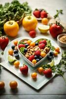 AI generated A colorful and healthy arrangement of fruits and vegetables in a heart-shaped bowl photo