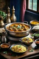 AI generated A rustic wooden table adorned with an appetizing spread of food bowls photo