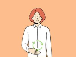 Woman with symbol of digestion near stomach, smiling and looking at screen, recommending to take care of gastrointestinal tract. Concept of caring for digestion and intestinal microbiota vector