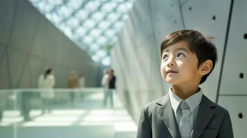 AI generated Young Boy in a Suit and Tie Gazing Upward photo