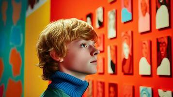 AI generated Young Boy Poses in Front of Vibrant Wall photo