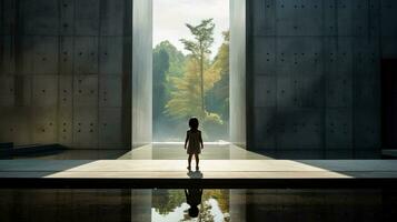 AI generated Curious Little Girl Gazing Out of a Giant Glass Pane photo