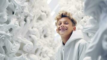 AI generated Young Boy Poses with White Sculpture photo