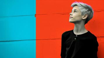 AI generated Short-Haired Woman Standing in Front of a Red and Blue Wall photo