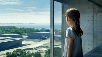 AI generated Little Girl Contemplating the Urban Landscape Through a Window photo