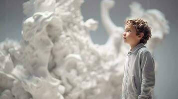 AI generated Young Boy Admiring a White Sculpture photo