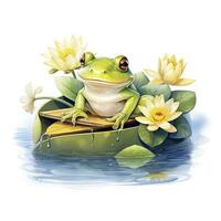 AI generated Frog Floating on a Lily Pad Raft, watercolor for T-shirt Design. AI Generated photo