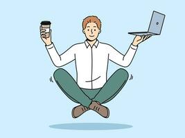 Meditating business man with laptop and coffee, floating in air sitting in lotus position. Businessman enjoys work and recommends meditation or yoga to increase productivity in business tasks vector