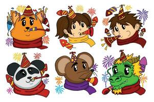 Set Of Character Celebrating New Year Sublimation vector