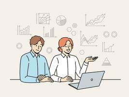 Business people are sitting at table with laptop, studying financial charts and graphs and using CRM software. Man and woman are participating in online meeting or discussing business indicators vector