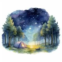 AI generated A Camping Tent in the forest with Night sky, watercolor for T-shirt Design. AI Generated photo