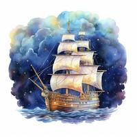 AI generated Night sea ship watercolor style for T-shirt design. AI Generated photo