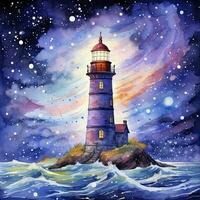 AI generated Lighthouse beside the sea at Night. watercolor for T-shirt design. AI Generated photo