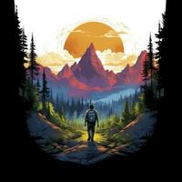 AI generated Vibrant colors wilderness hiking scene for t-shirt. AI Generated photo