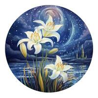 AI generated Watercolor fairy lilies blooming under a starry night sky on a white background. AI Generated photo