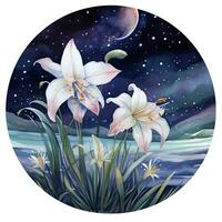 AI generated Watercolor fairy lilies blooming under a starry night sky on a white background. AI Generated photo