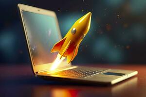 AI generated Launching a new product or service. Technology development process. Space rocket launch. 3d render. Yellow rocket lift up from the display laptop. AI Generative photo