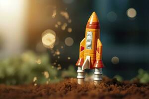 AI generated Toy rocket takes off business and finances success concept. AI Generative photo