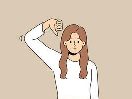 Frustrated woman gives thumbs down as sign of disbelief or rejection of proposed plans. Disgruntled girl makes thumbs down gesture, urging not to spread fake news and misinformation. vector