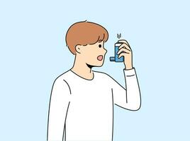 chico usos inhalador a tratar asma ataque debido a dificultad respiración y pulmón enfermedad. niño sostiene inhalador para gripe pacientes, necesitar tratamiento para tos y fiebre causado por peligroso virus. vector