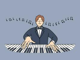 Man maestro plays piano with eyes closed and performs classical compositions in symphony orchestra. Happy maestro in tuxedo enjoys playing musical instrument and working in opera house. vector