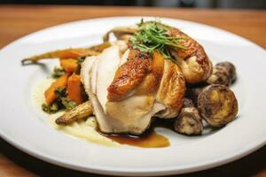 AI generated Plated chicken roast dinner on a white plate with carrot and morel mushroom. AI Generated. photo