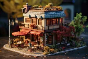 AI generated A charming and cozy coffee shop Set beside a busy highway with Warm and golden sunset light, and a Picturesque sunset view with vibrant colors. AI Generative photo