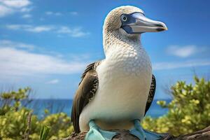 AI generated The rare blue-footed booby rests on the beach. AI Generated photo