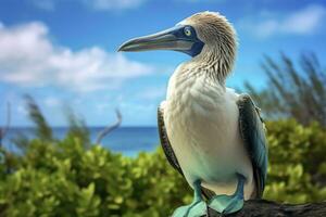 AI generated The rare blue-footed booby rests on the beach. AI Generated photo