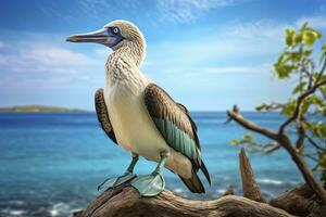 AI generated The rare blue-footed booby rests on the beach. AI Generated photo