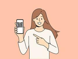 mujer sostiene teléfono demostrando qr código para intercambiando contactos o confirmando en línea dinero transferir. joven de pelo largo niña con teléfono inteligente recomienda utilizando qr tecnología en móvil artilugio vector