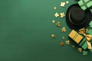 AI generated St Patrick's Day concept. leprechaun headwear gift boxes pot with gold coins. AI Generated photo