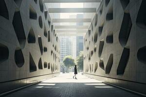 AI generated Woman walking in futuristic brutalist city street.  AI Generated. photo