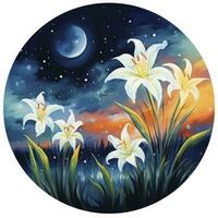 AI generated Watercolor fairy lilies blooming under a starry night sky on a white background. AI Generated photo