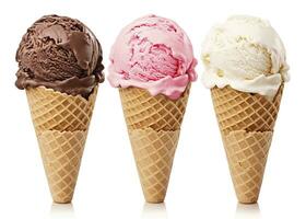 AI generated Chocolate, vanilla and strawberry Ice cream in the cone on white background. AI Generated photo