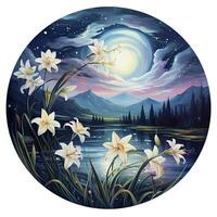 AI generated Watercolor fairy lilies blooming under a starry night sky on a white background. AI Generated photo