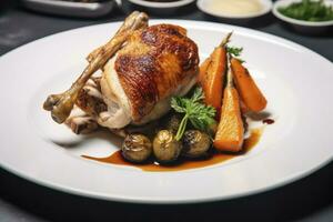 AI generated Plated chicken roast dinner on a white plate with carrot and morel mushroom. AI Generated. photo