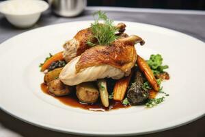 AI generated Plated chicken roast dinner on a white plate with carrot and morel mushroom. AI Generated. photo