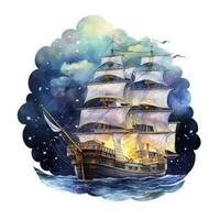 AI generated Night sea ship watercolor style for T-shirt design. AI Generated photo