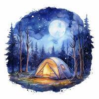 AI generated A Camping Tent in the forest with Night sky, watercolor for T-shirt Design. AI Generated photo