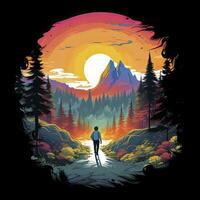 AI generated Vibrant colors wilderness hiking scene for t-shirt. AI Generated photo