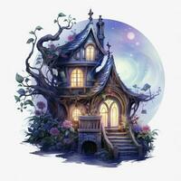 AI generated Moonlight dark themed night elf fairytale fantasy fairy house. AI Generated photo