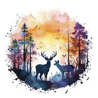 AI generated Colorful Deers in Forest. T-shirt design. AI Generated photo