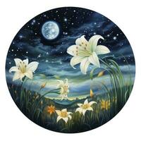 AI generated Watercolor fairy lilies blooming under a starry night sky on a white background. AI Generated photo