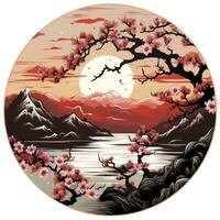 AI generated Cherry blossoms in the sunset background. Japanese tattoo style. AI Generated photo