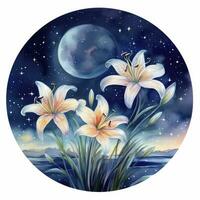 AI generated Watercolor fairy lilies blooming under a starry night sky on a white background. AI Generated photo