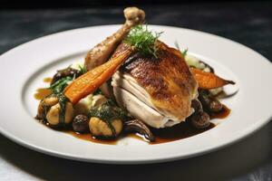 AI generated Plated chicken roast dinner on a white plate with carrot and morel mushroom. AI Generated. photo