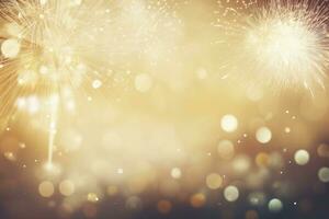 AI generated Gold Vintage Fireworks and bokeh on New Year's Eve and copy space. AI Generated photo