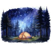 AI generated A Camping Tent in the forest with Night sky, watercolor for T-shirt Design. AI Generated photo