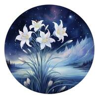 AI generated Watercolor fairy lilies blooming under a starry night sky on a white background. AI Generated photo